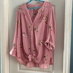 Fig and Flower, Pink Floral Tie-Front Women's Blouse XXL, never worn